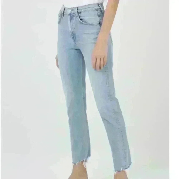 AGOLDE Merrel Straight Midwash Light Blue Raw Hem Jeans Women 25 - Picture 1 of 12